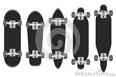 Skateboards set. Skateboarding elements, longboard. Skate board illustration. Vector Illustration